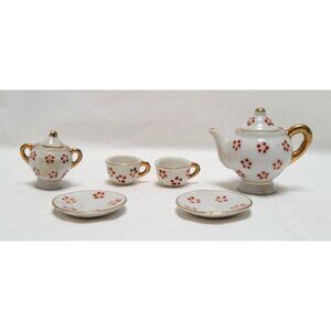 Vintage 8 Piece Miniature Maruyama Hand Painted Porcelain Tea Set Red Flowers